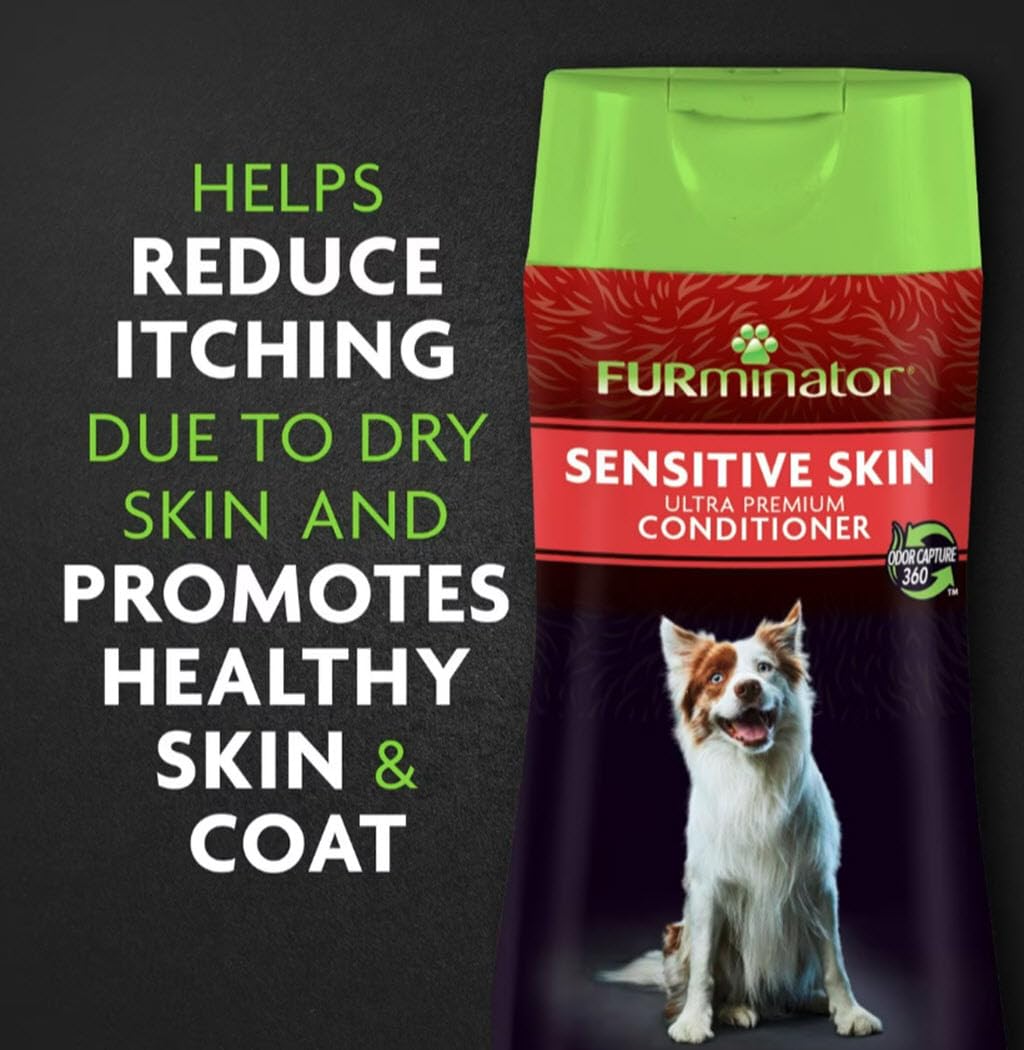 FURminator Sensitive Skin conditioner bottle with calendula and menthol for cooling relief.