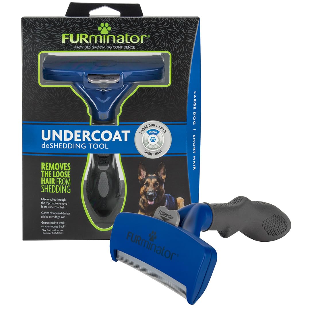 FURminator undercoat deshedding tool for large dogs with ergonomic handle reduces loose fur.