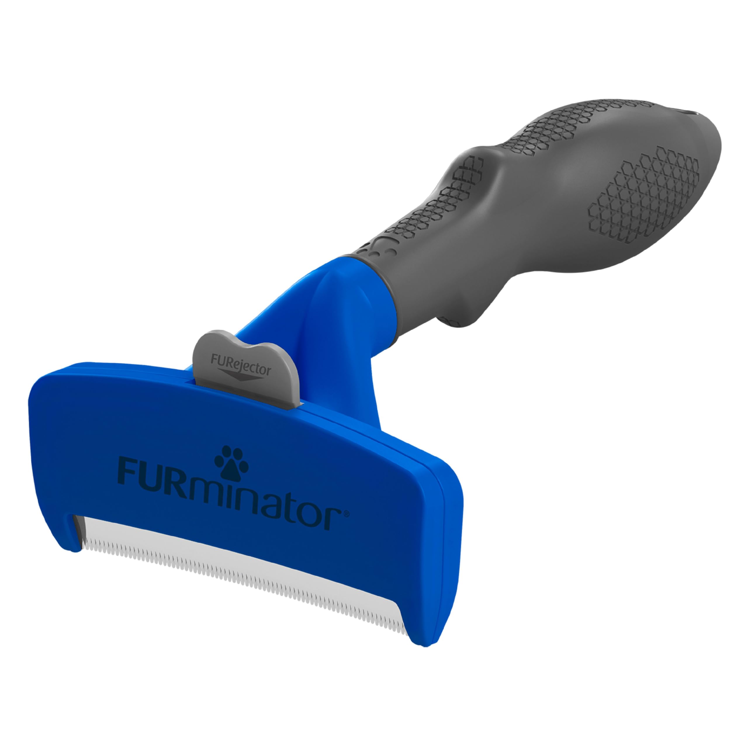 FURminator undercoat deshedding tool for long-haired dogs removes loose fur.