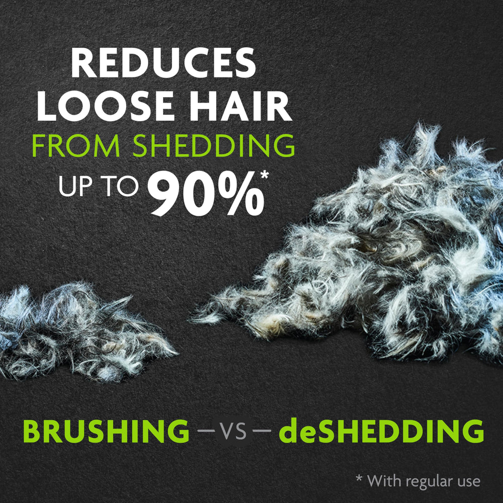 FURminator deshedding tool curved edge designed to follow a dog’s contours.