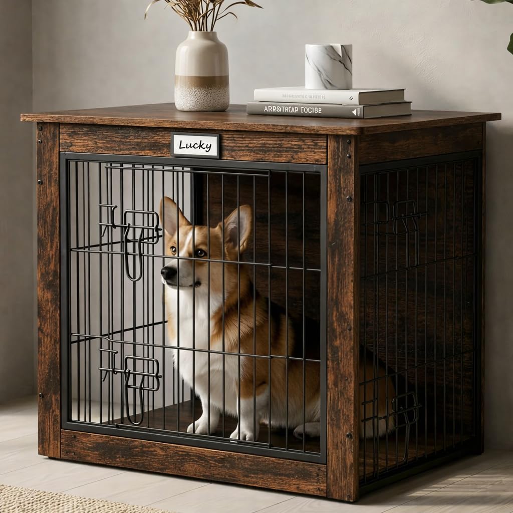 FurnPulse dog crate furniture front door with double locks for secure containment