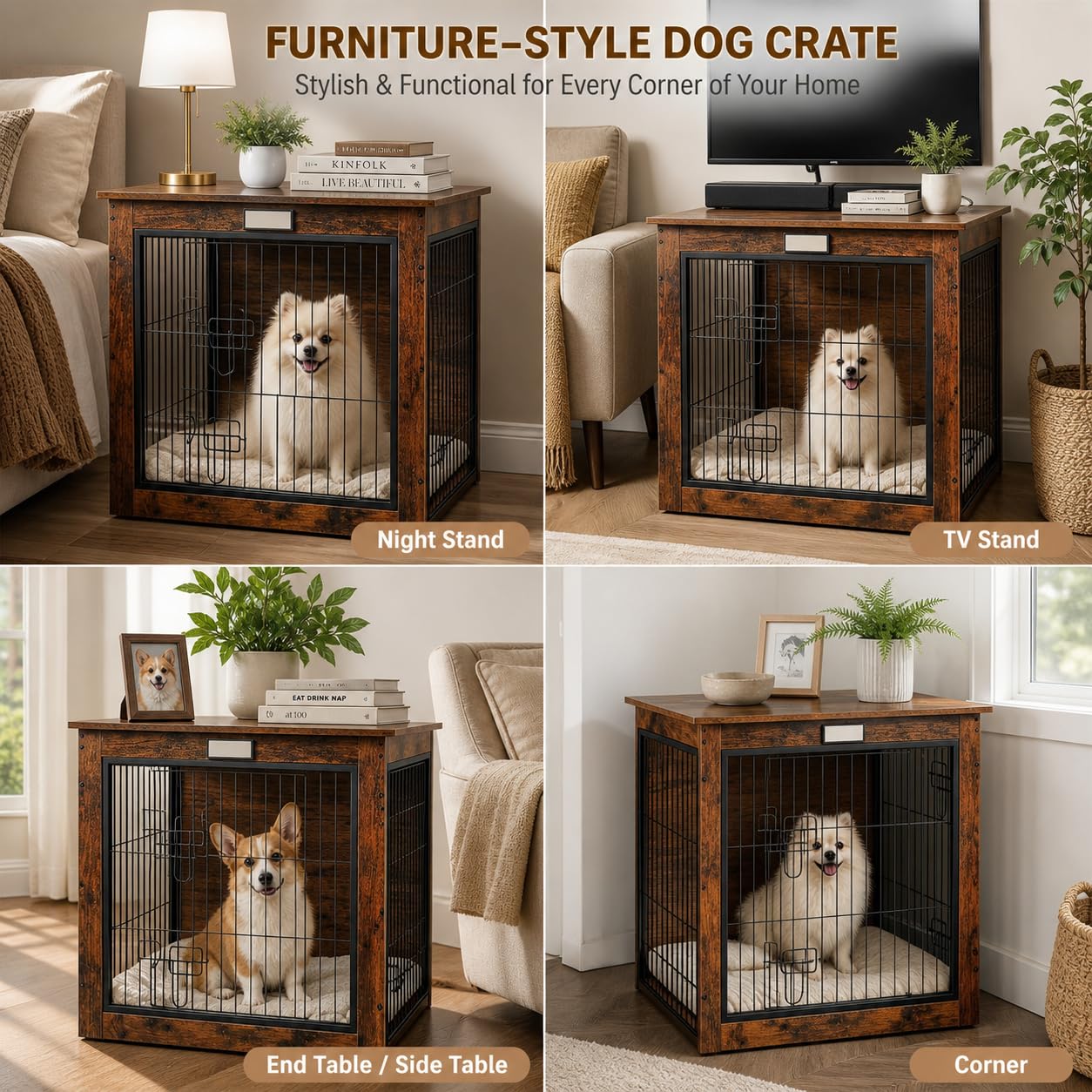 FurnPulse rustic finish blends with living room décor while dog rests below