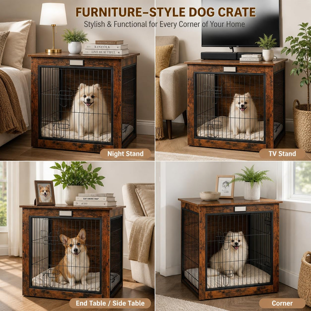 FurnPulse rustic finish blends with living room décor while dog rests below