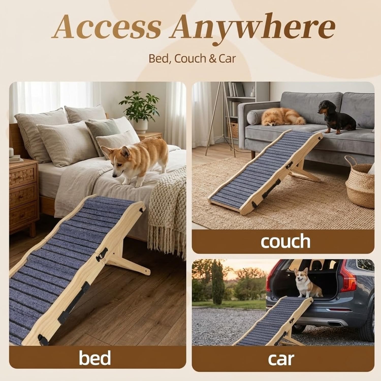 An elegant, neutral wood tone blends with furniture while aiding pet access.