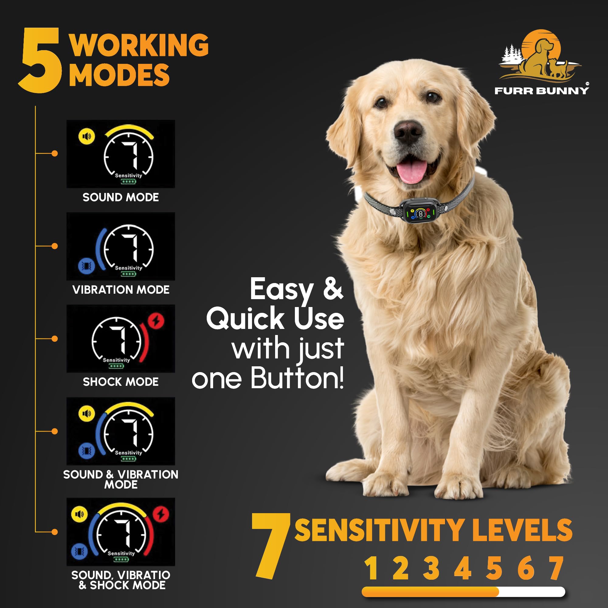 FURR BUNNY bark collar sensors closeup showing dual detection to prevent false triggers.