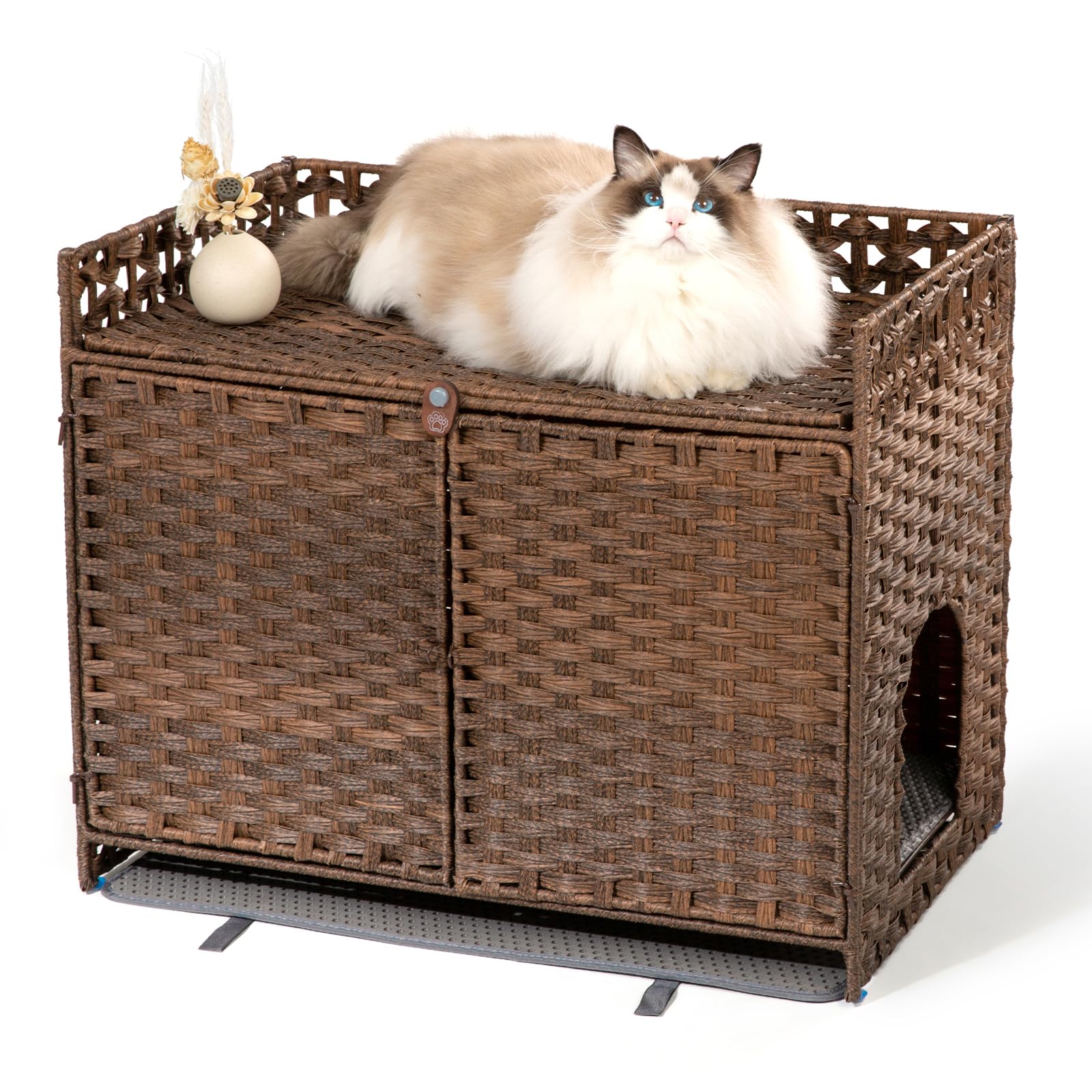 Furriends rattan litter box enclosure blends with decor and hides the litter area.