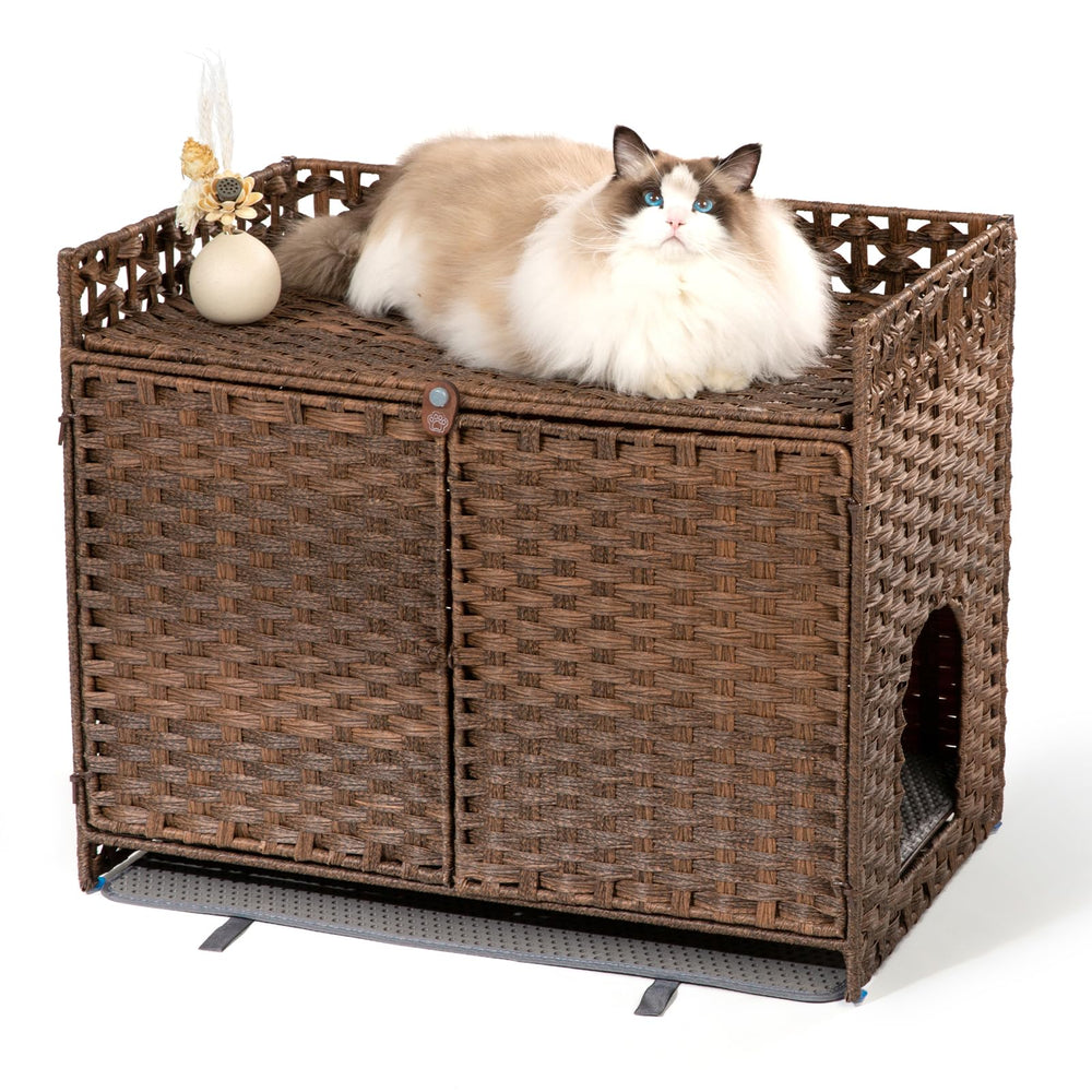 Furriends rattan litter box enclosure blends with decor and hides the litter area.