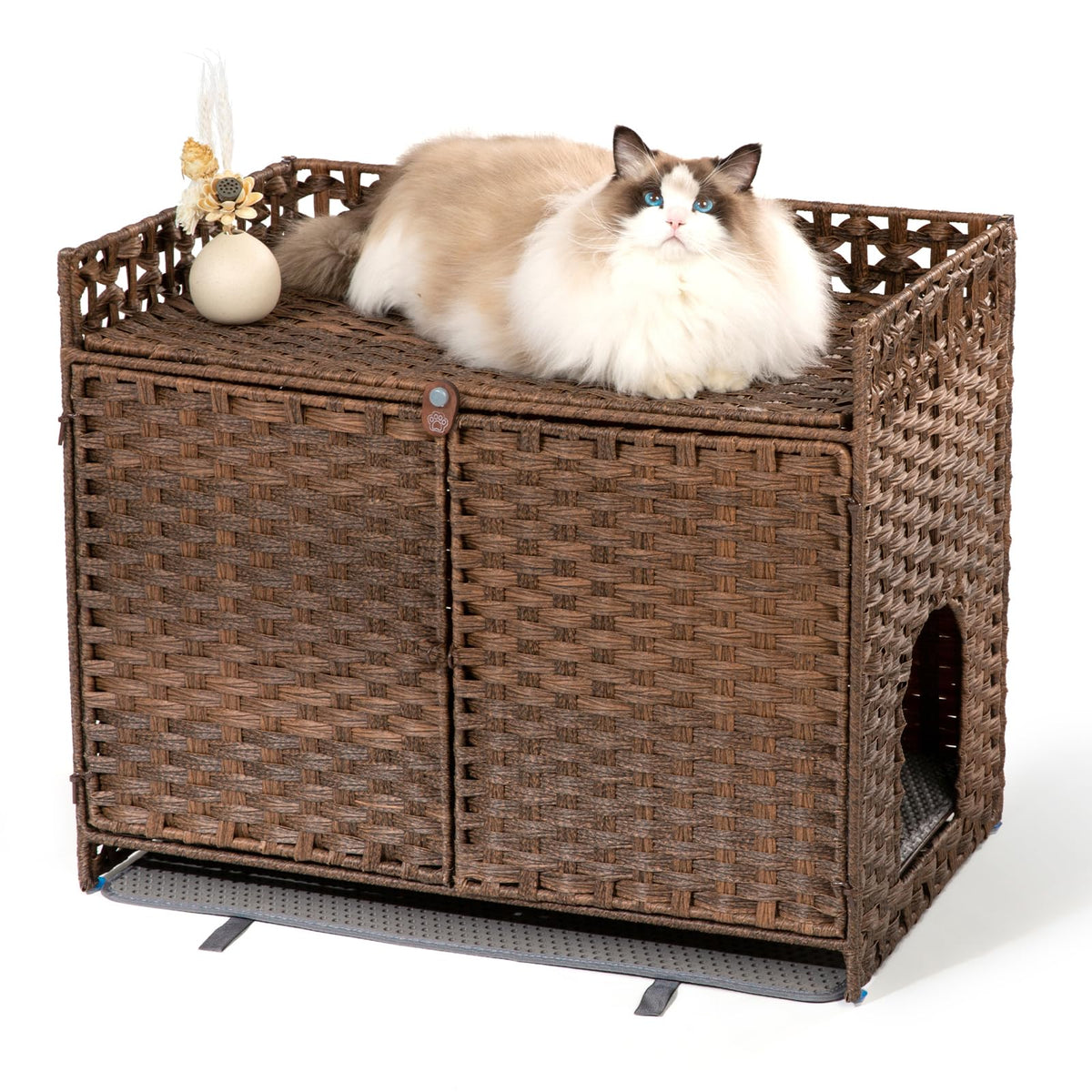 Furriends rattan litter box enclosure blends with decor and hides the litter area.