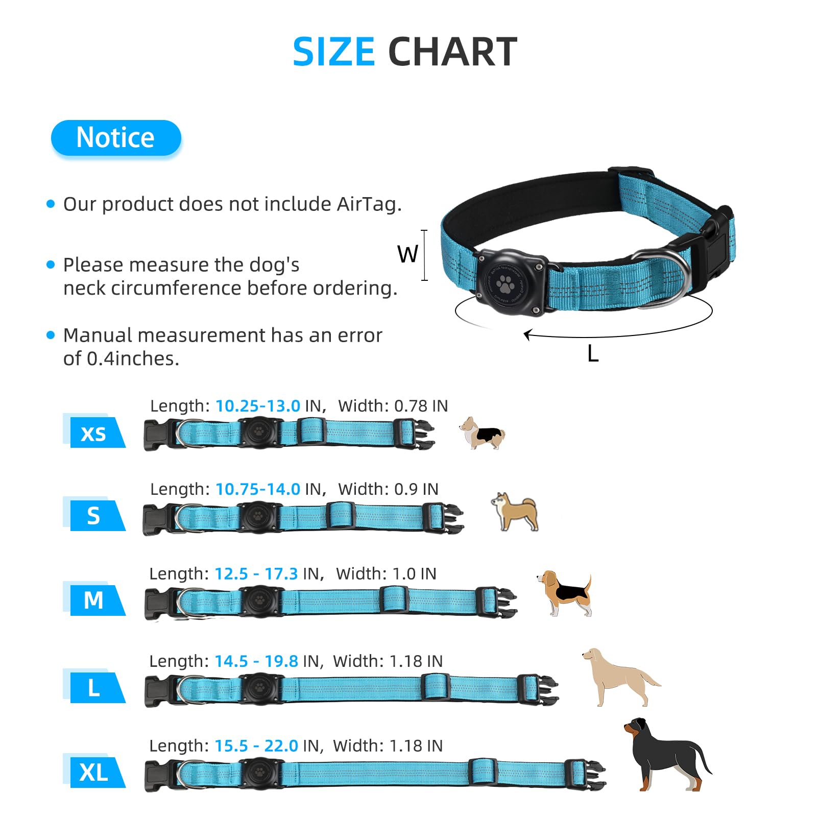 Furrigo blue XL AirTag collar fits large dogs 15.6–22 inches.