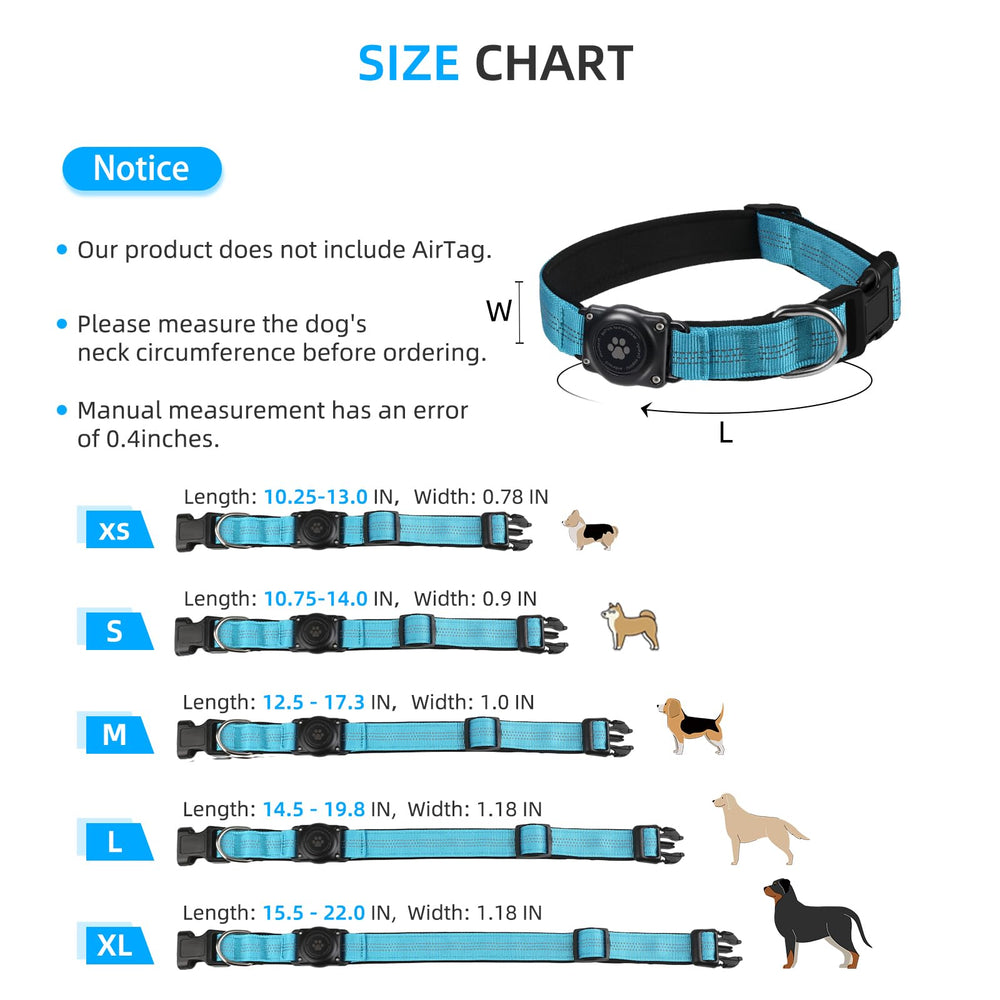 Furrigo blue XL AirTag collar fits large dogs 15.6–22 inches.