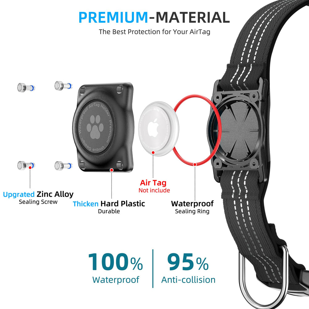 Furrigo AirTag collar showing reflective stitching for night visibility.
