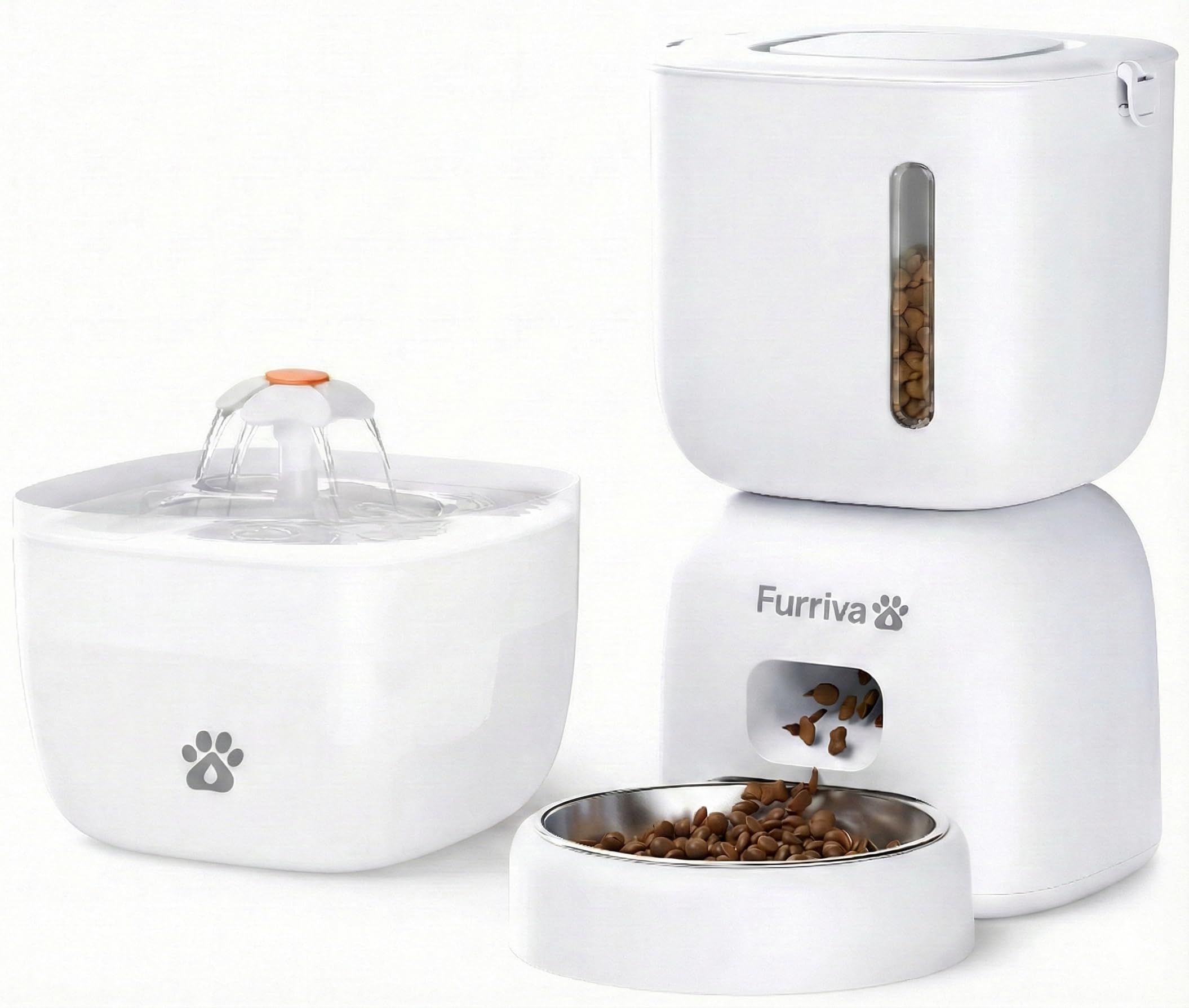 Furriva automatic feeder and water fountain on counter for convenient pet care.