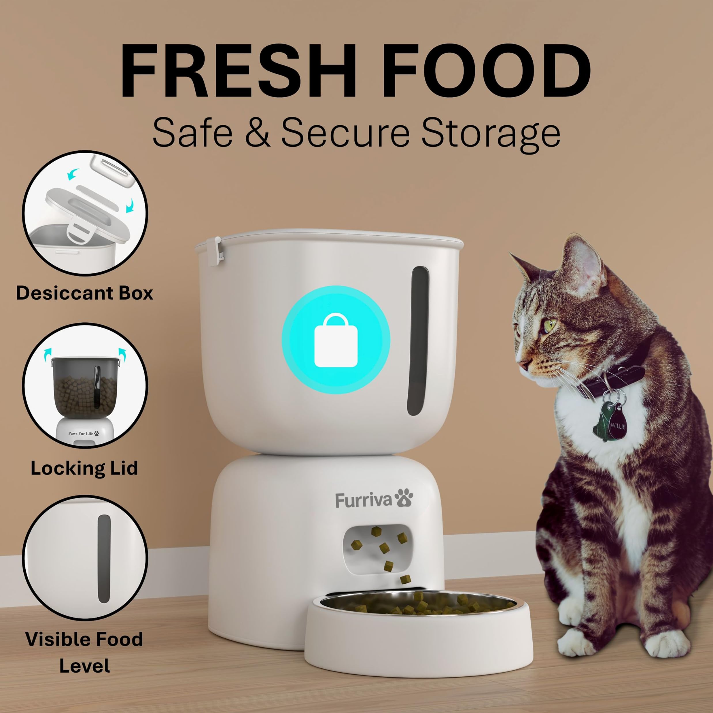 Furriva programmable meals interface allows up to four daily portions for controlled feeding.