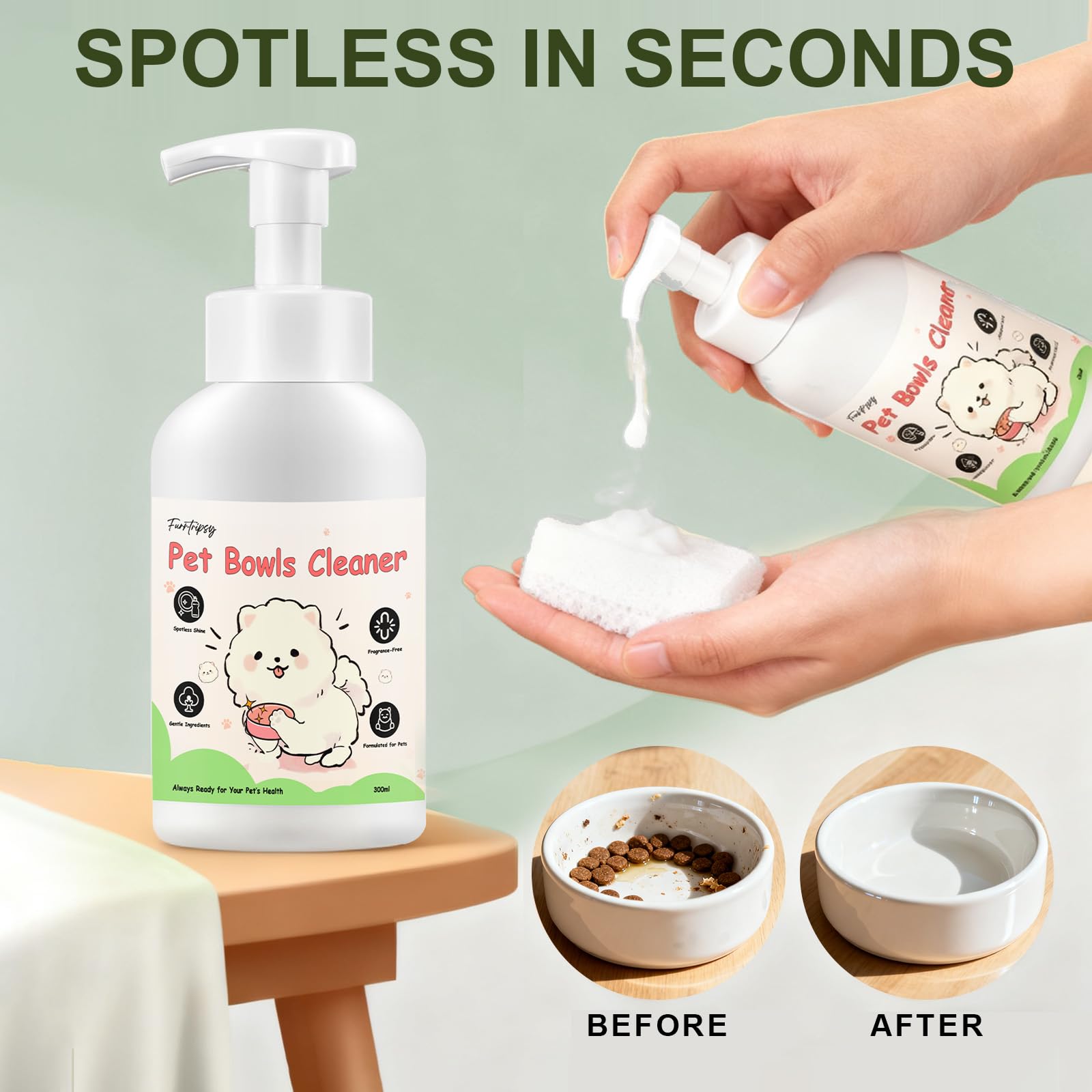 Furrtripsy multi-surface cleaner works on ceramic, stainless steel, and plastic bowls.