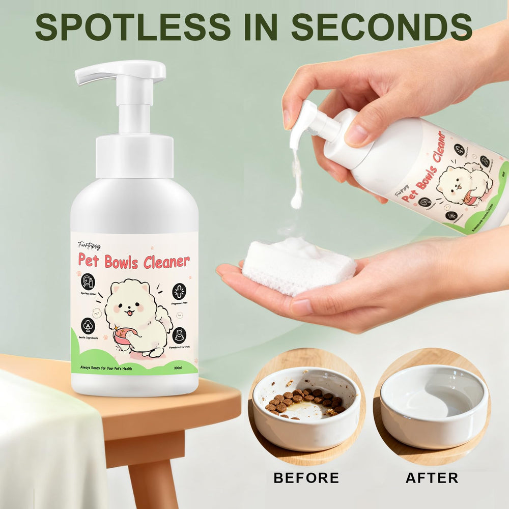 Furrtripsy multi-surface cleaner works on ceramic, stainless steel, and plastic bowls.
