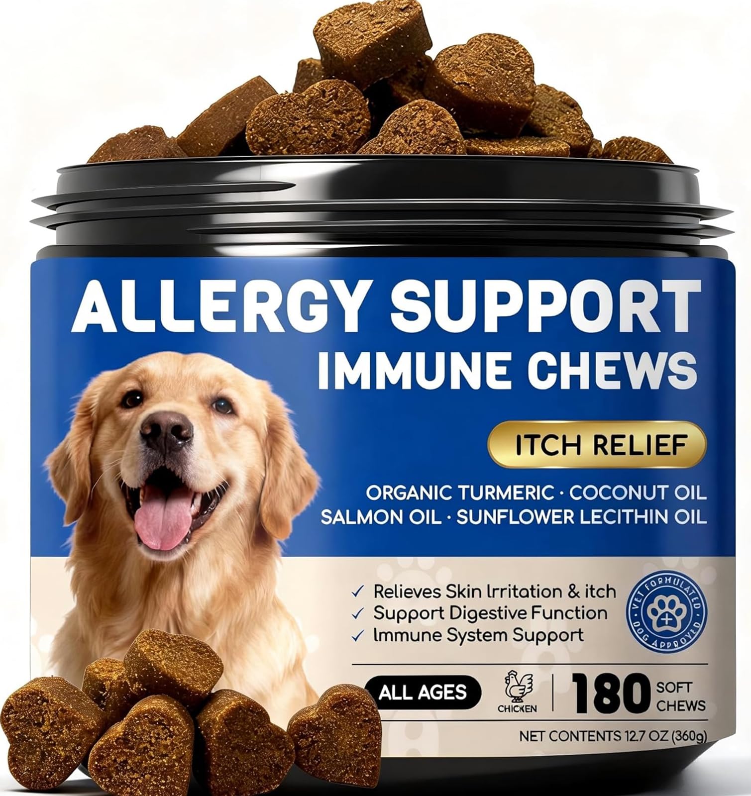 FURRY ARMOR dog allergy chews bottle supports itching relief and skin comfort.