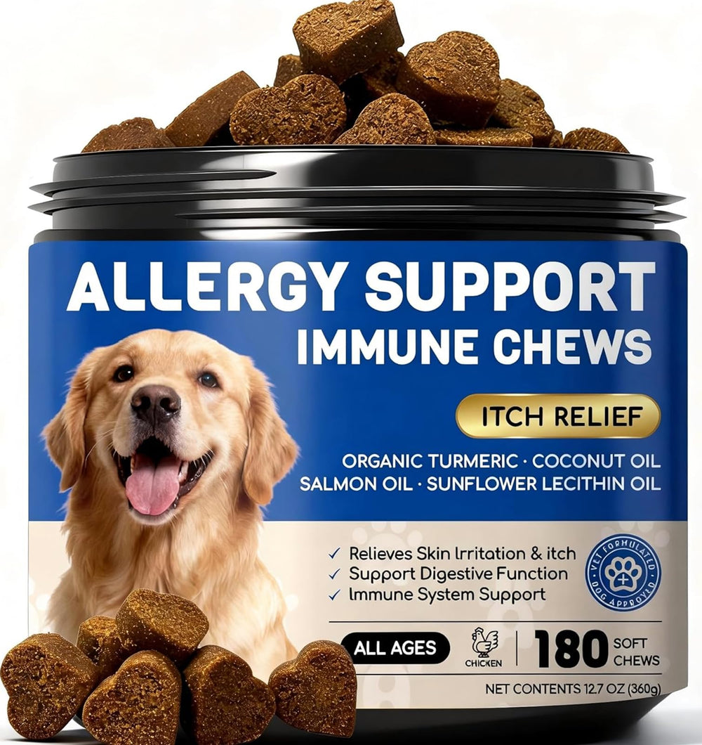 FURRY ARMOR dog allergy chews bottle supports itching relief and skin comfort.