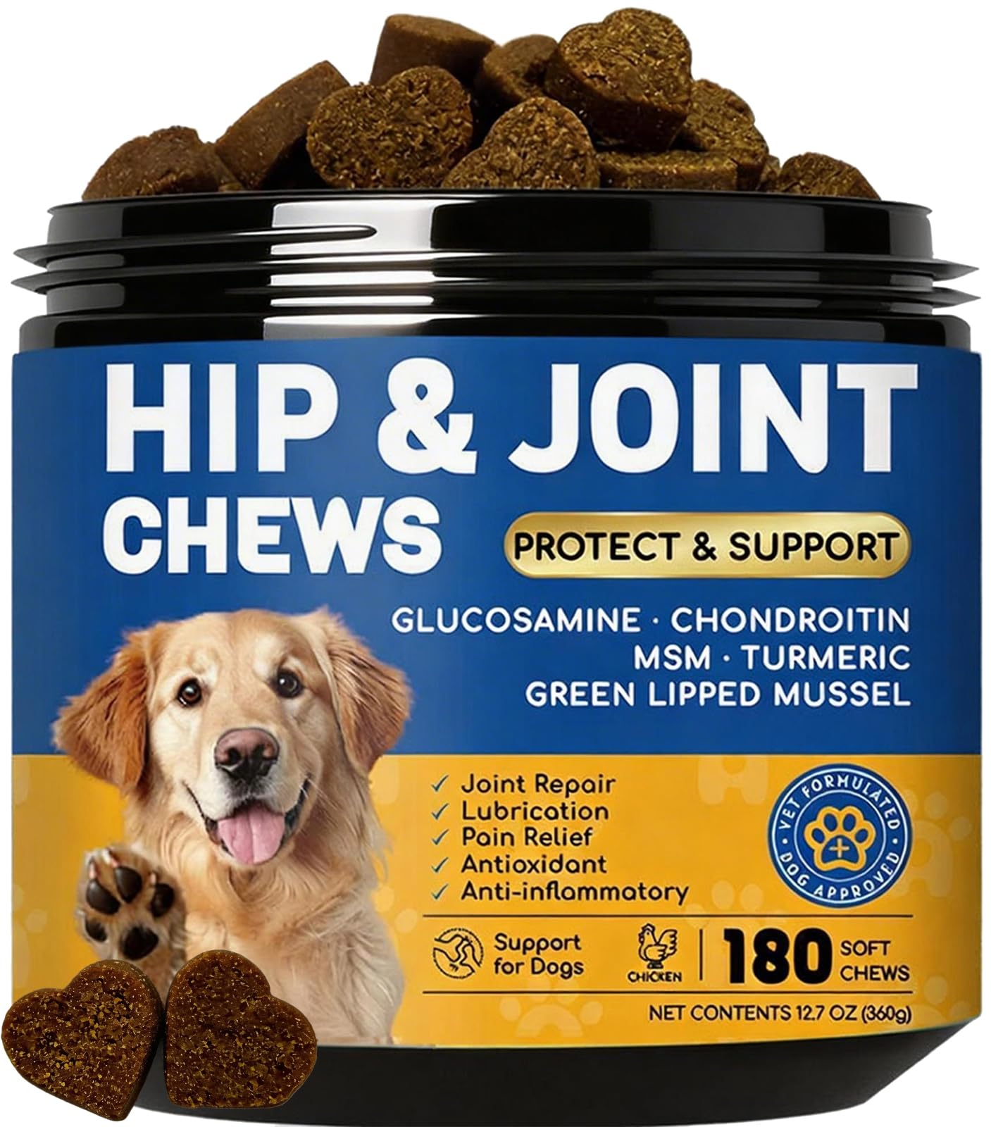 Furry Armor dog joint supplement bottle promotes daily mobility with glucosamine and turmeric.