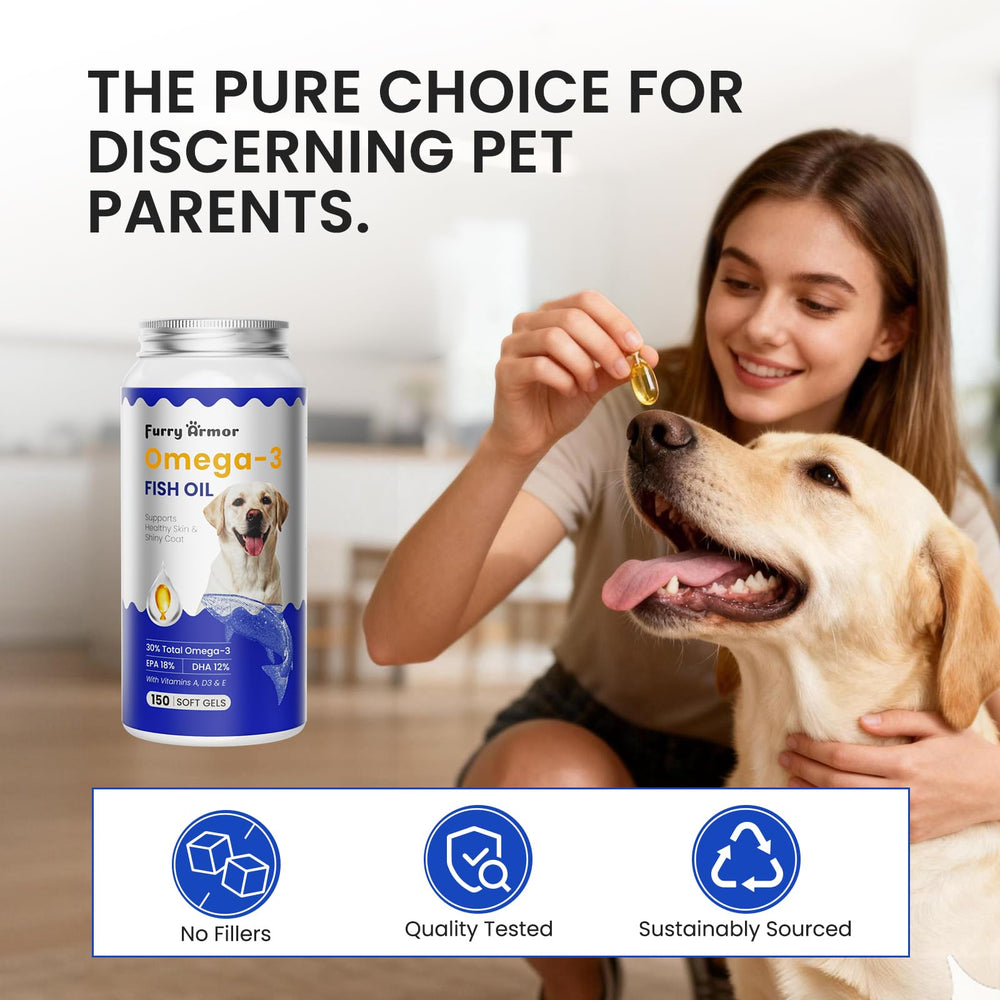FURRY ARMOR Omega-3 oil drops on a shiny coat for visibility.