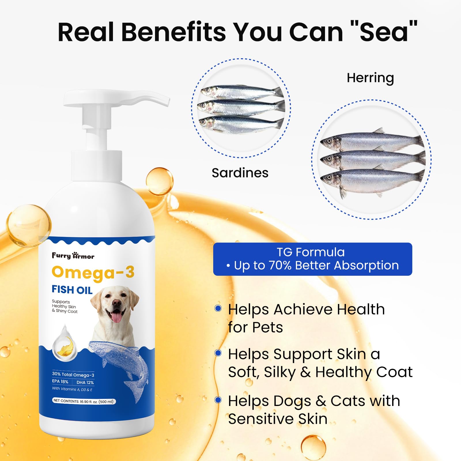 FURRY ARMOR wild-caught omega3-epa-dha for pets boosts skin moisture.