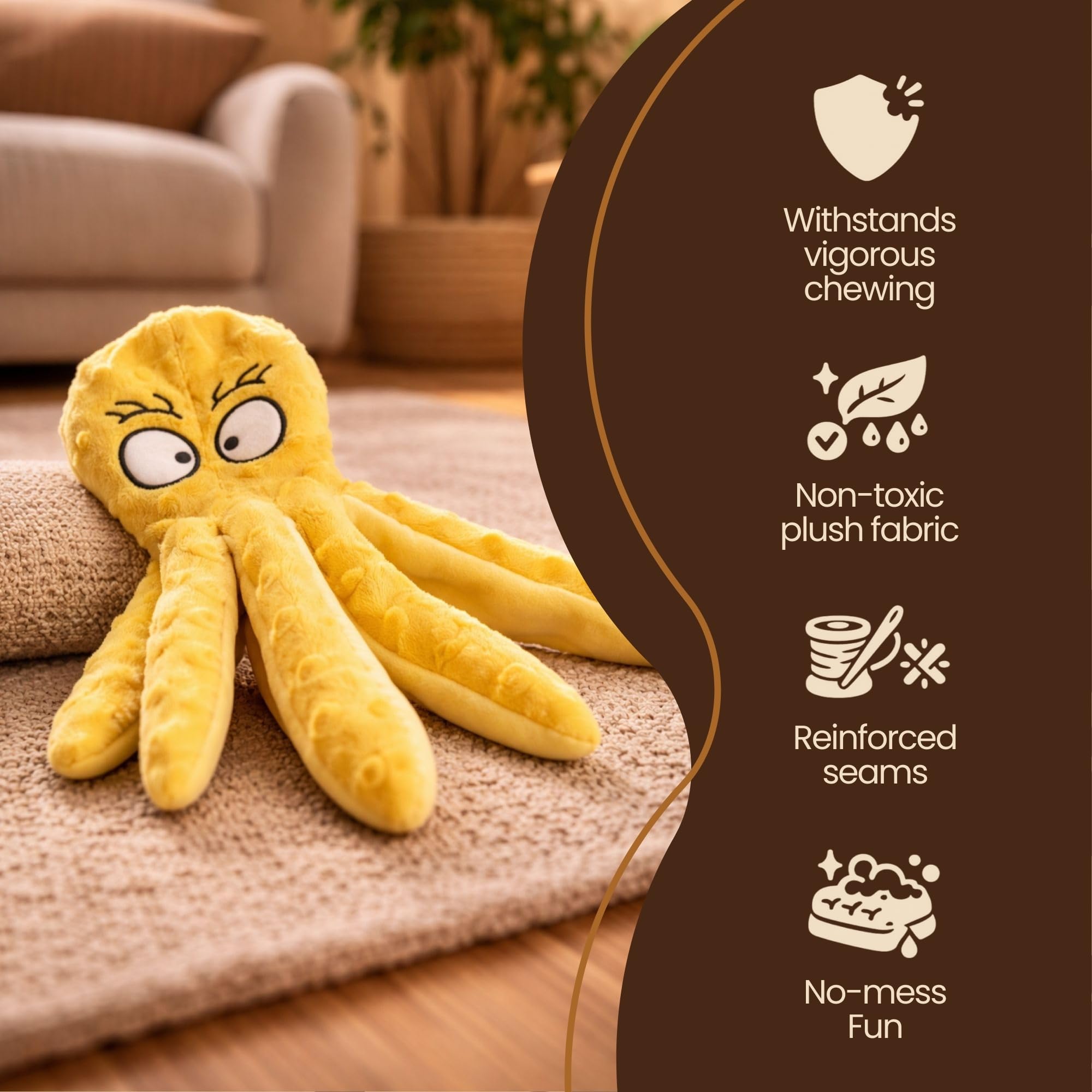 Furry Friends Haven octopus-shaped plush toy suitable for dogs of all sizes.