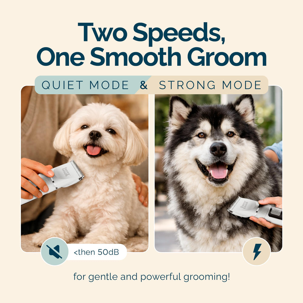Furry Touch grooming kit LED display shows battery status for hassle-free sessions