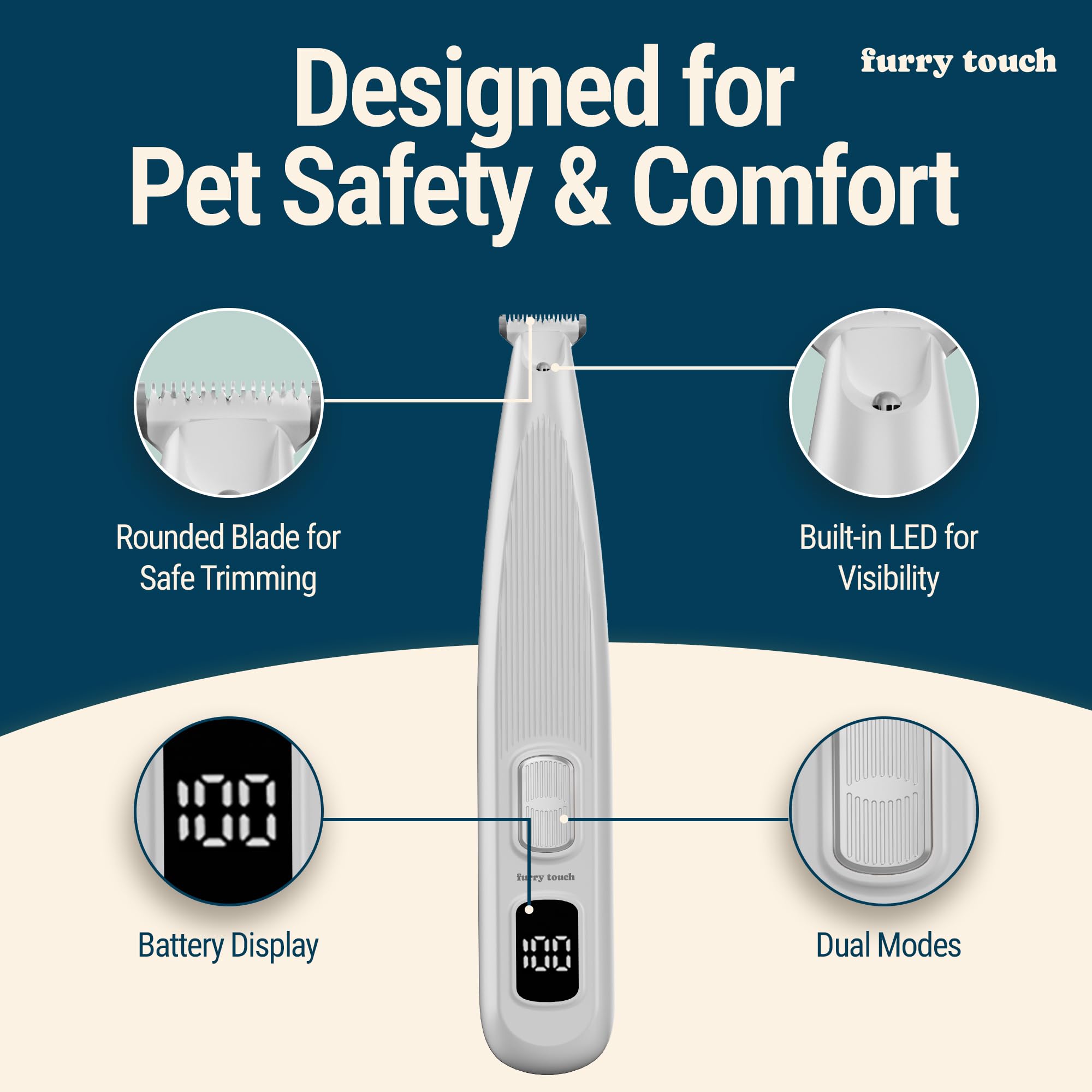 Furry Touch Paw Trimmer USB-C charging for cordless grooming on the go
