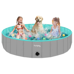 Furrybaby foldable dog pool in grey, side view showing sturdy MDF walls.