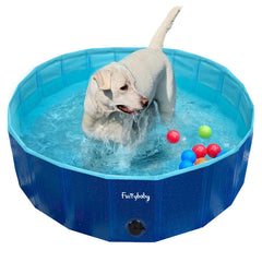 Furrybaby Foldable Dog Pool navy side view showing sturdy frame for outdoor play