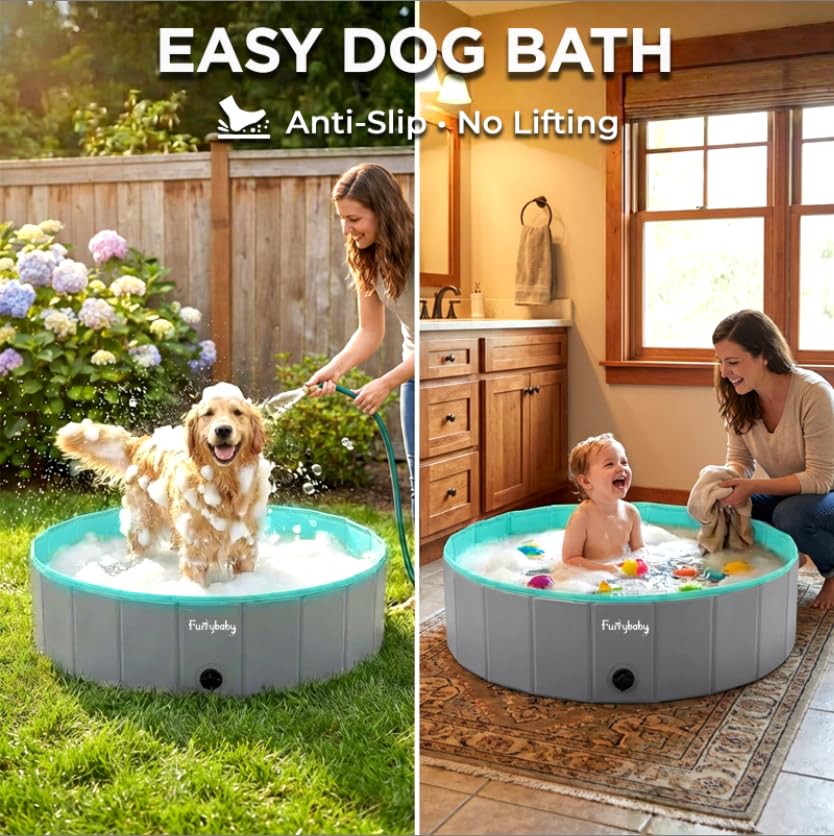 Furrybaby pool folded for travel and compact storage
