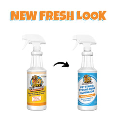 FurryFreshness odor eliminator bottle neutralizes pee smell on upholstery.