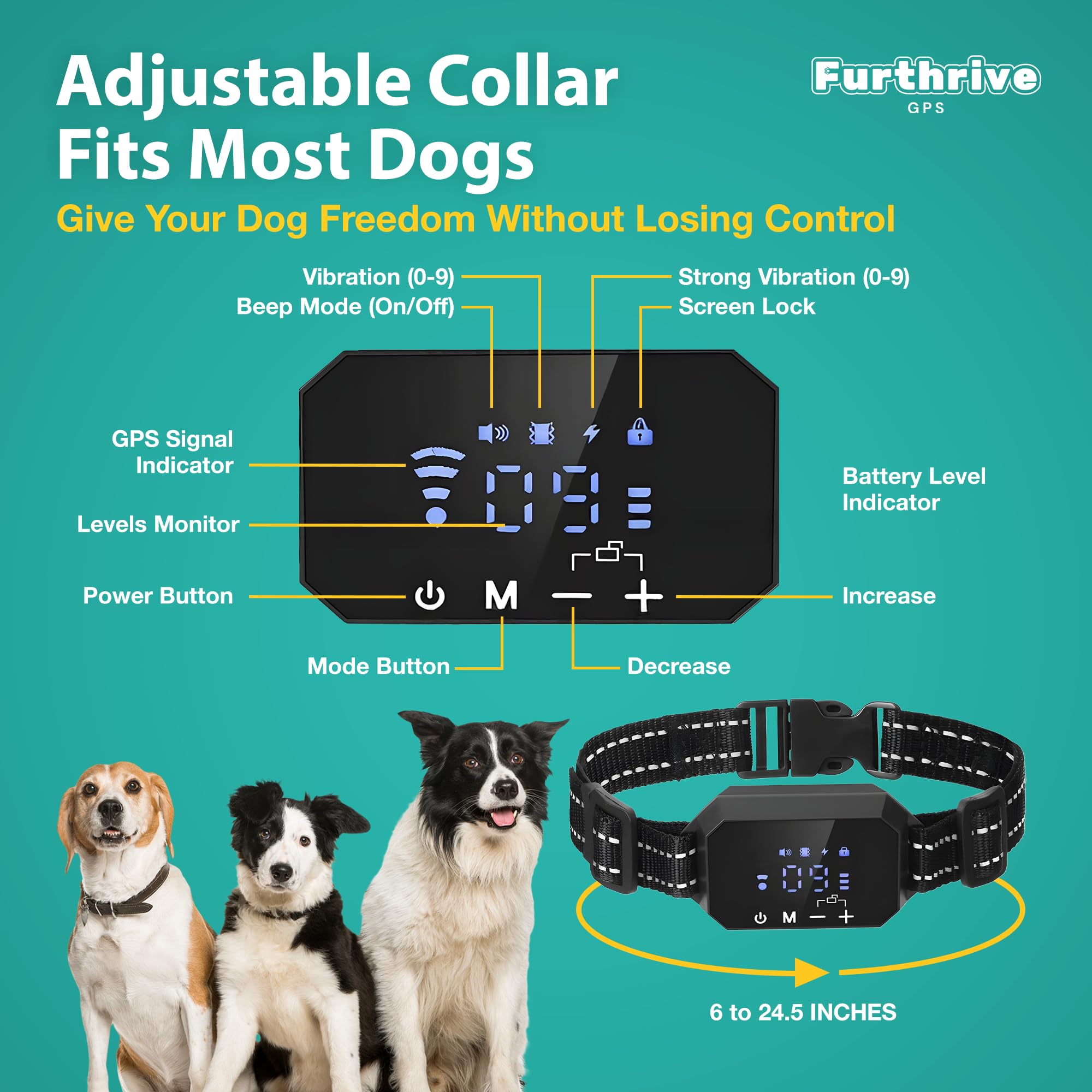 Furth Thrive GPS Fence adjustable strap fits dogs from 10 to 110 pounds.