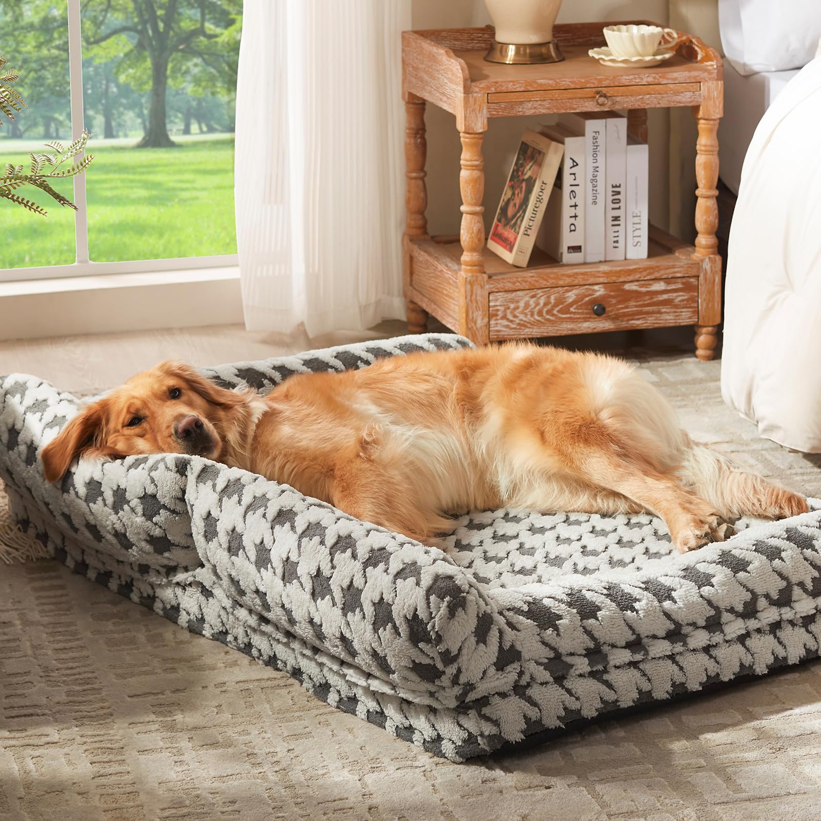 FURTIME dog on bed demonstrates a calm, relaxed nap after play.