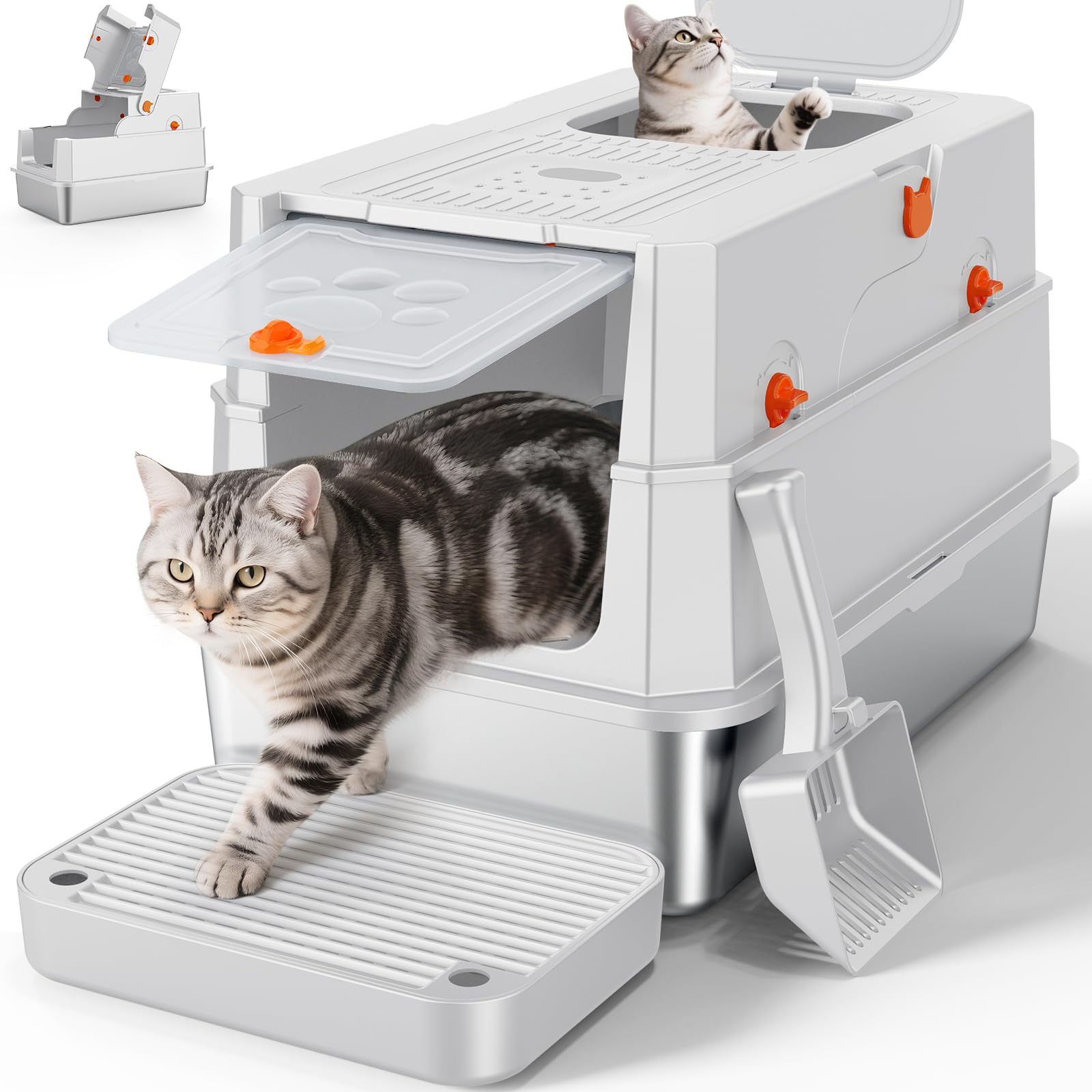 FURTIME front-entry stainless steel litter box for easy access and cleaner floors.