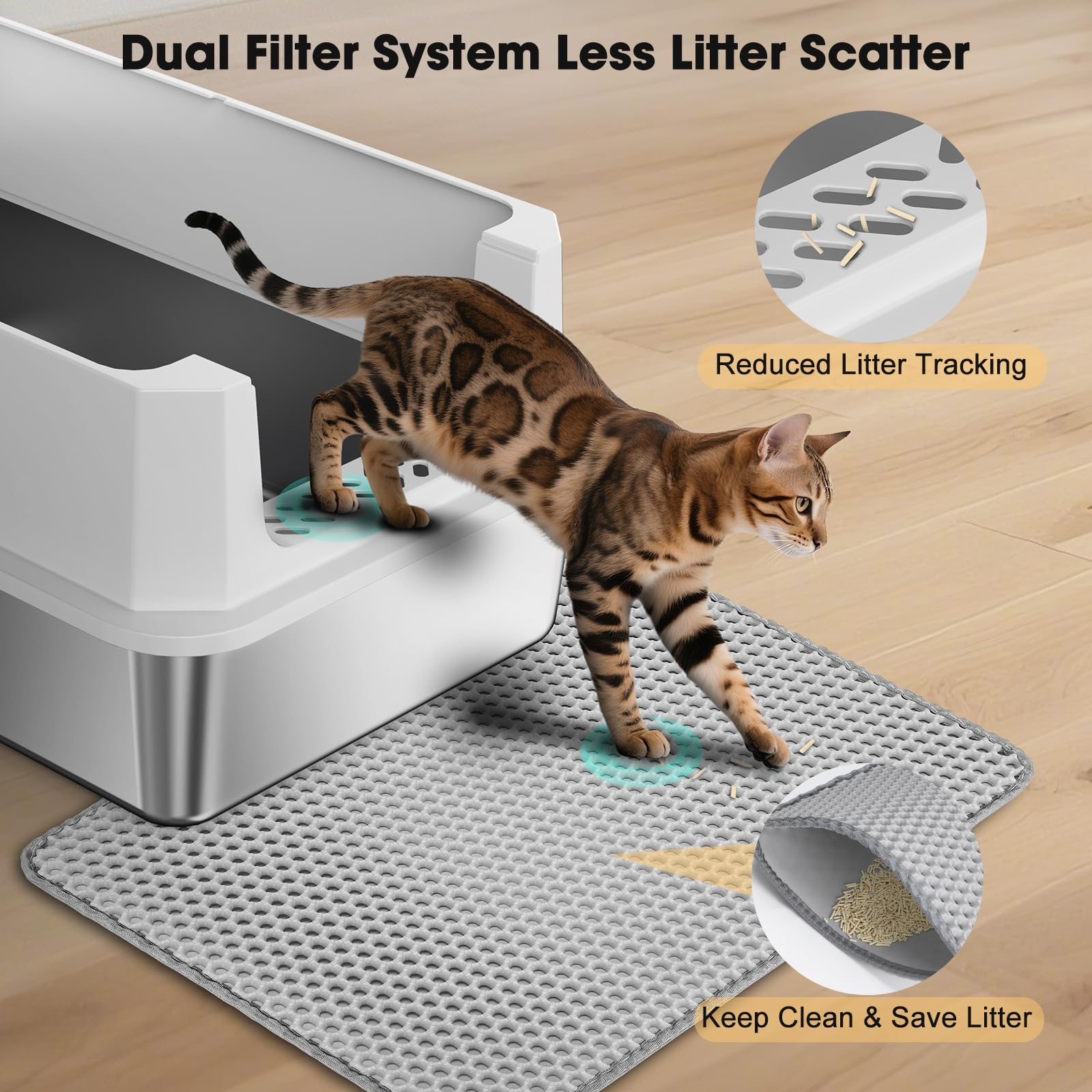 FURTIME anti-tracking mat reduces floor mess around the litter box.