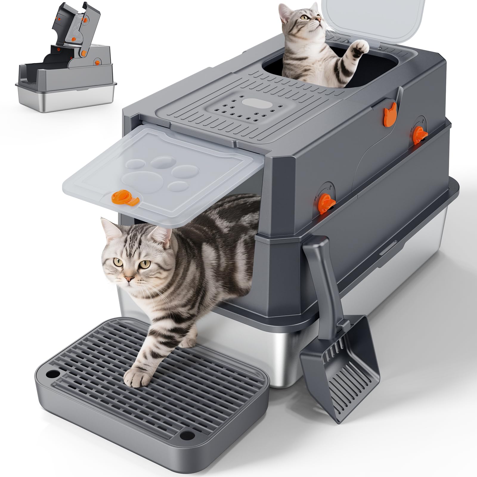 FURTIME stainless-steel litter box with lid for easy cleaning.
