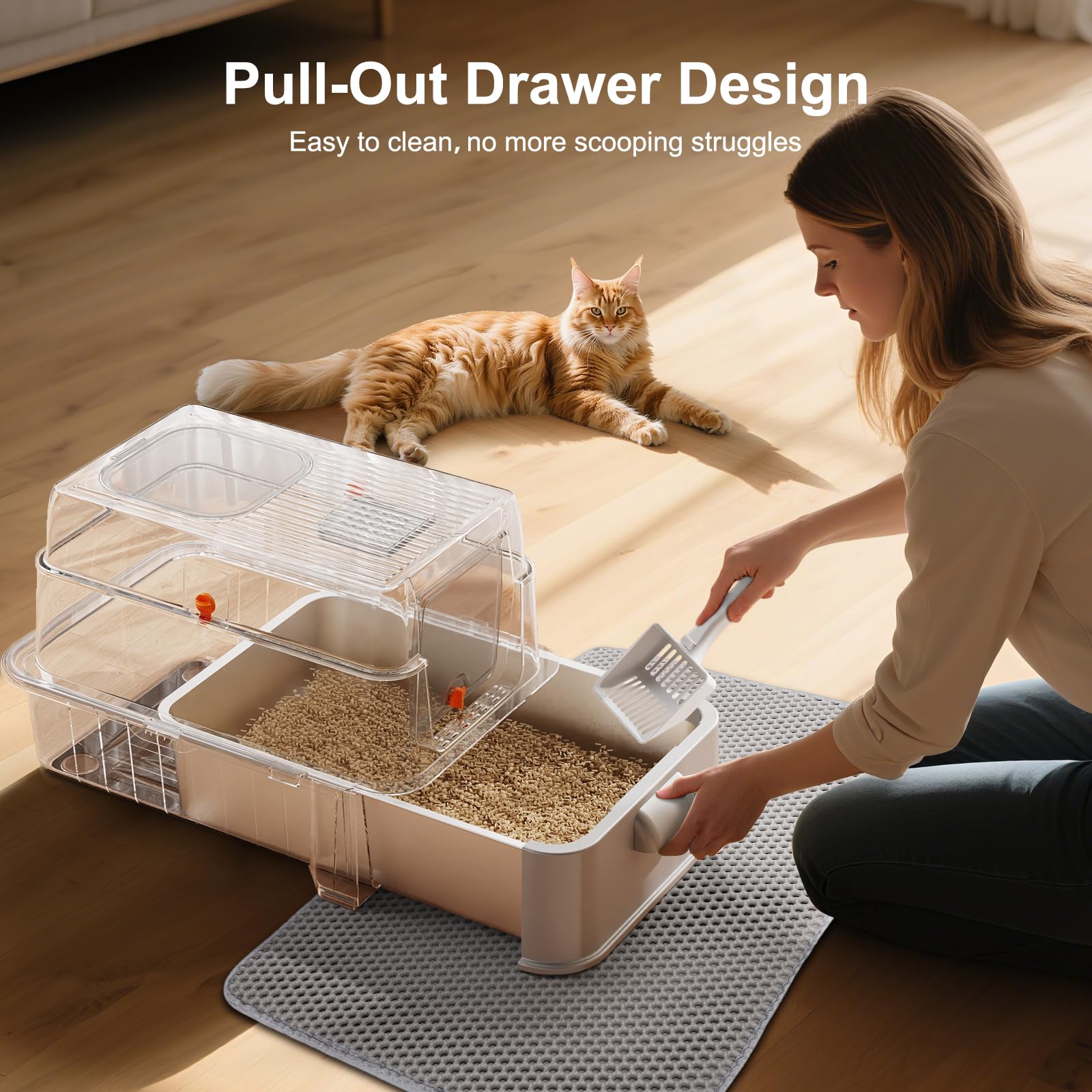 FURTIME XL top-entry stainless steel litter box showing flexible access