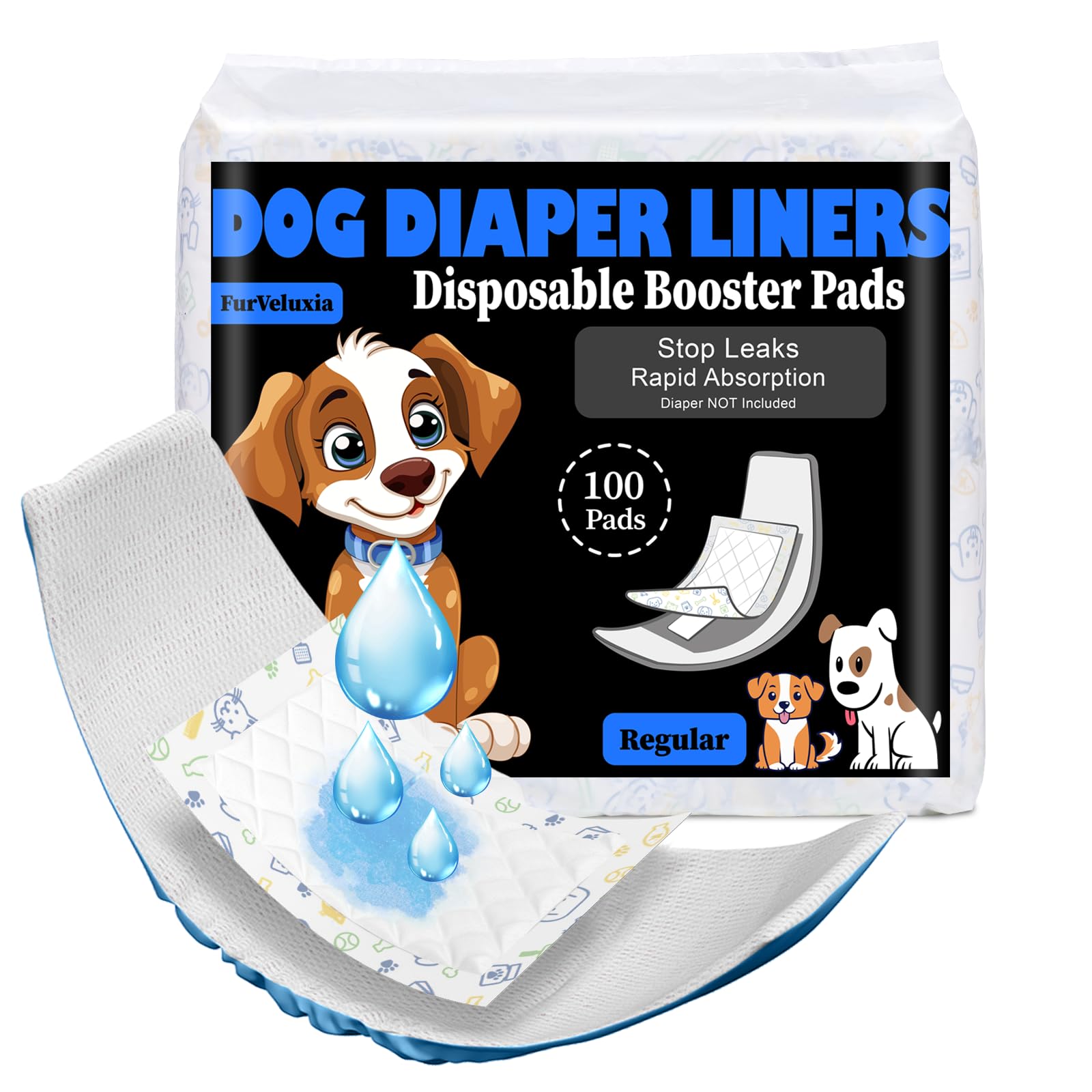 FurVeluxia dog diaper liner 100ct packaging front highlighting convenience