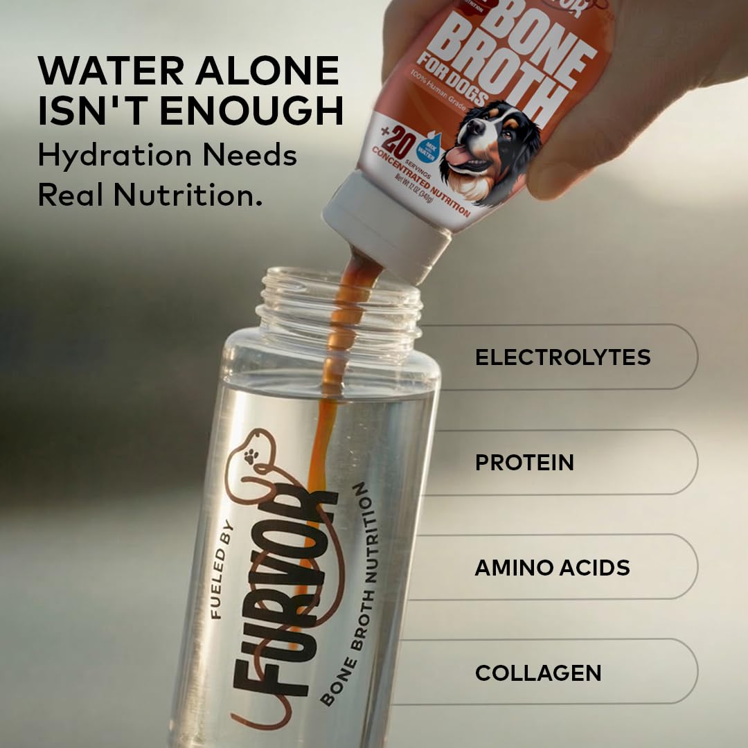 Furvor Beef Bone Broth bottle close-up highlights premium, human-grade ingredients.