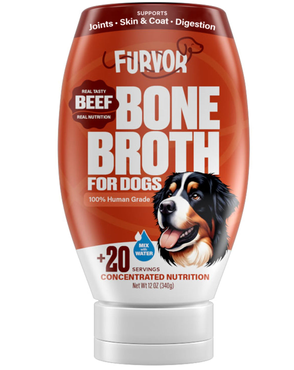 Furvor Beef Bone Broth for Dogs poured over kibble to boost flavor and hydration.