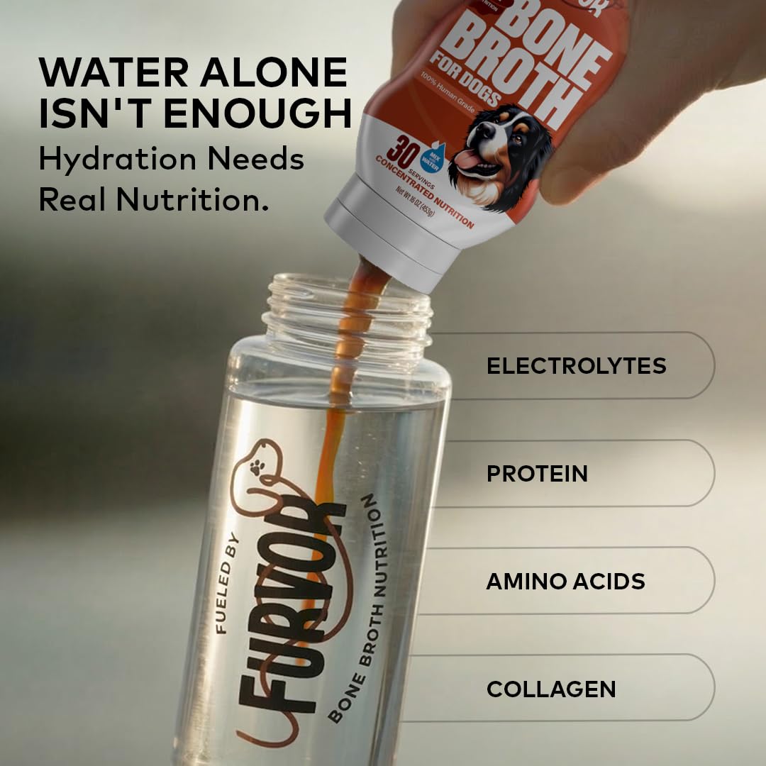 Furvor Beef Bone Broth concentrate bottle shown, ideal for daily meal toppers.