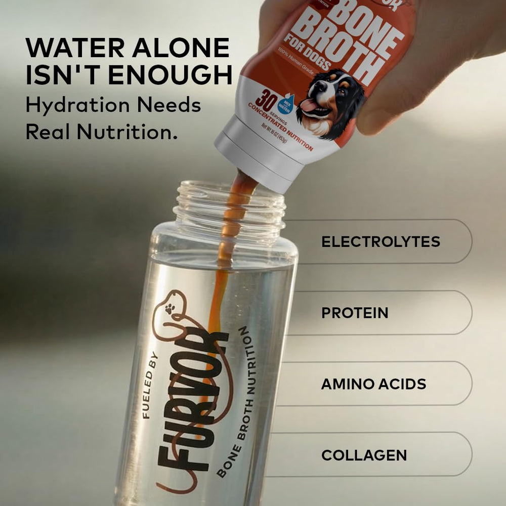 Furvor Beef Bone Broth concentrate bottle shown, ideal for daily meal toppers.