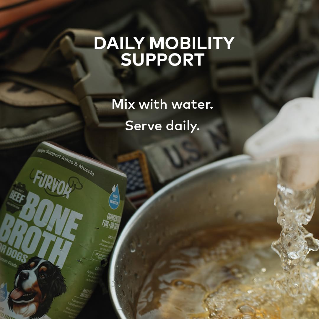 Furvor Mobility Bone Broth with scoop emphasizes easy feeding.