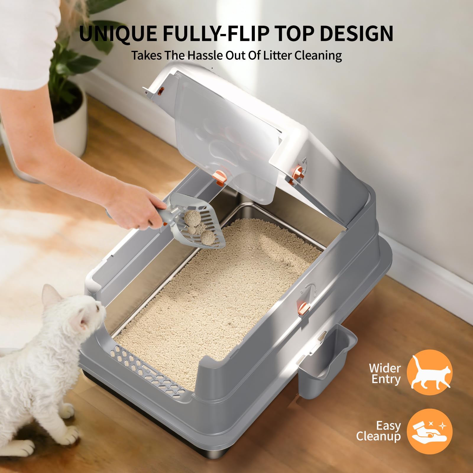 Fusblom high-sided enclosed litter box contains litter and splashes to protect floors