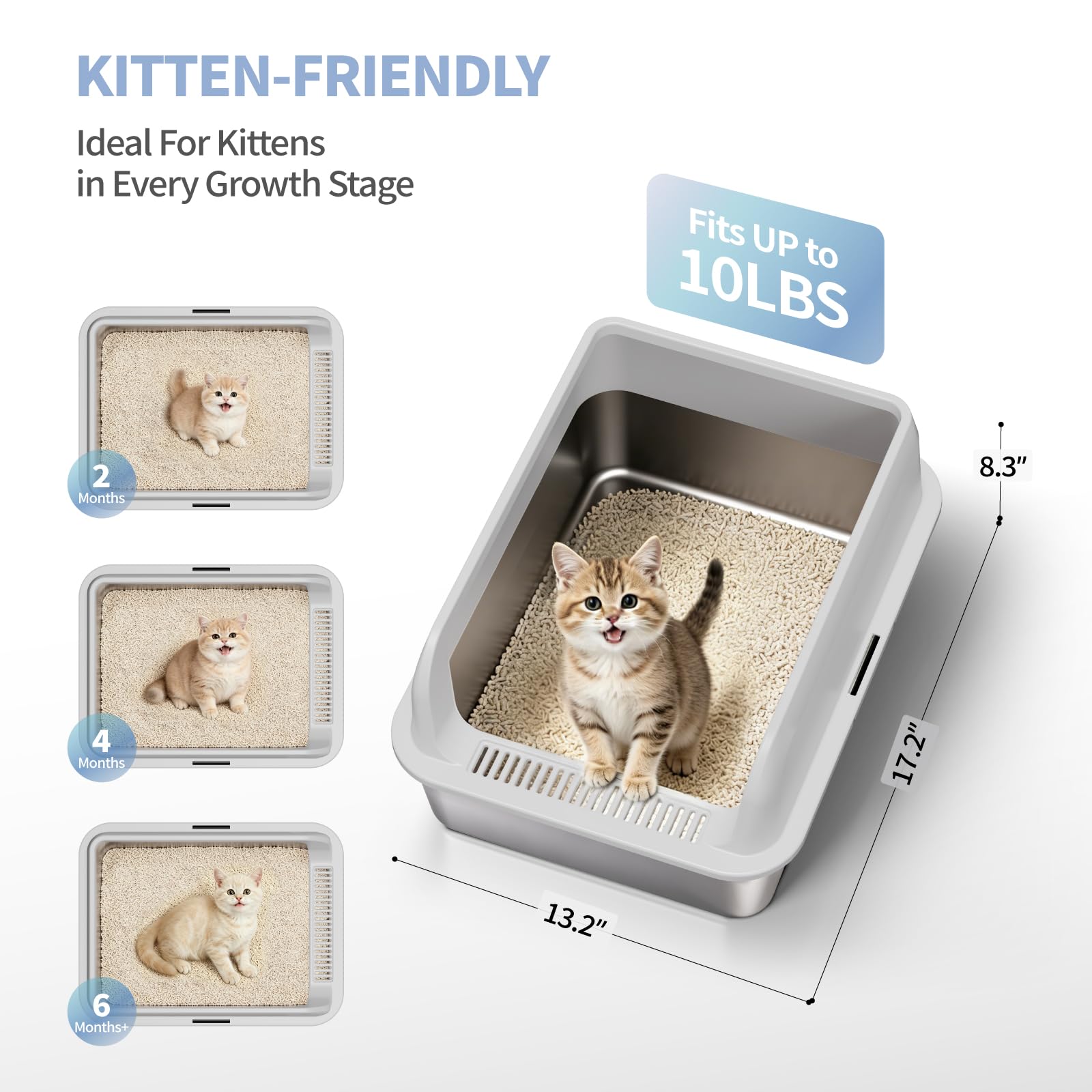 Fusblom stainless steel cat litter box with clip-on scoop for tidy storage.