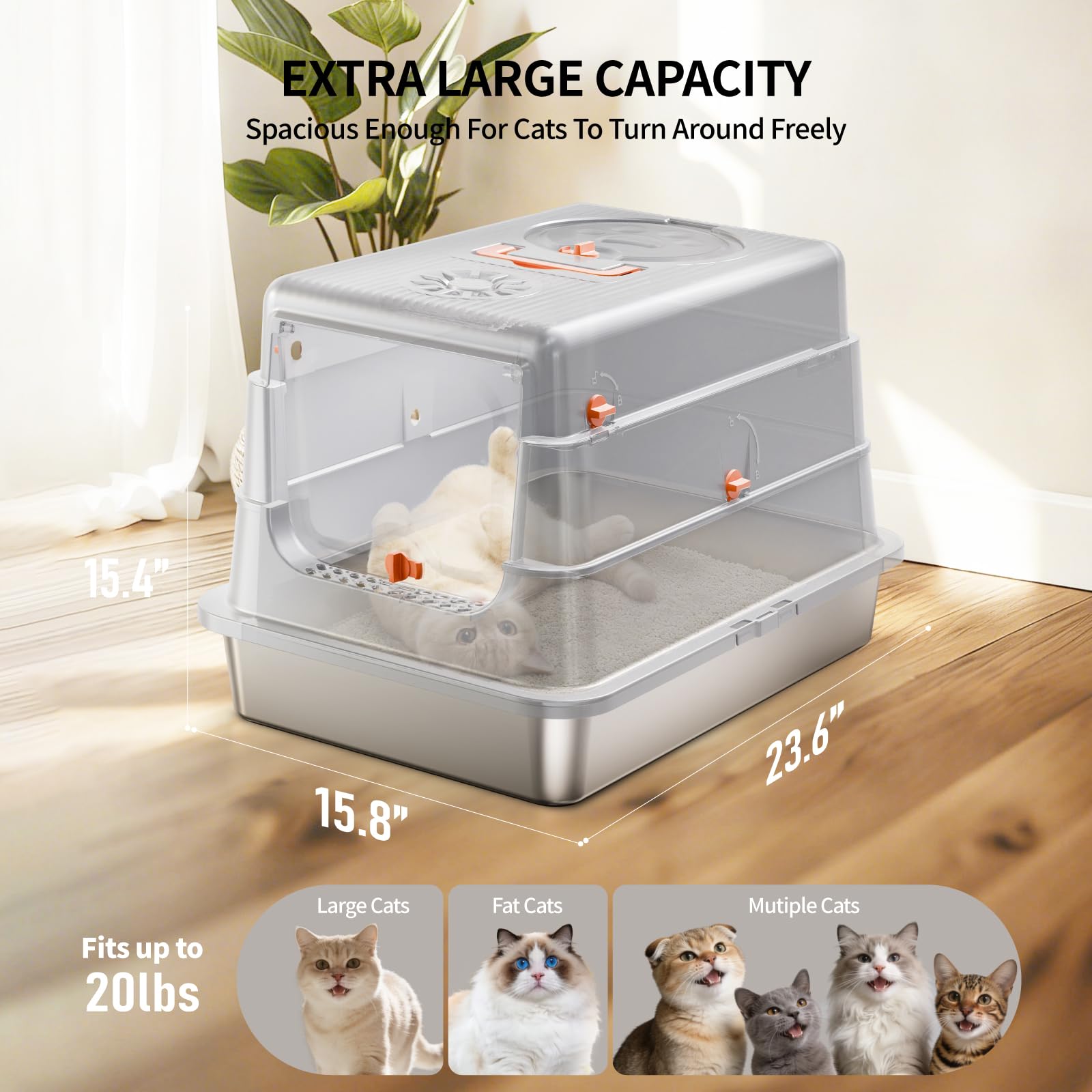 Fusblom stainless steel cat litter box fully enclosed privacy and odor containment