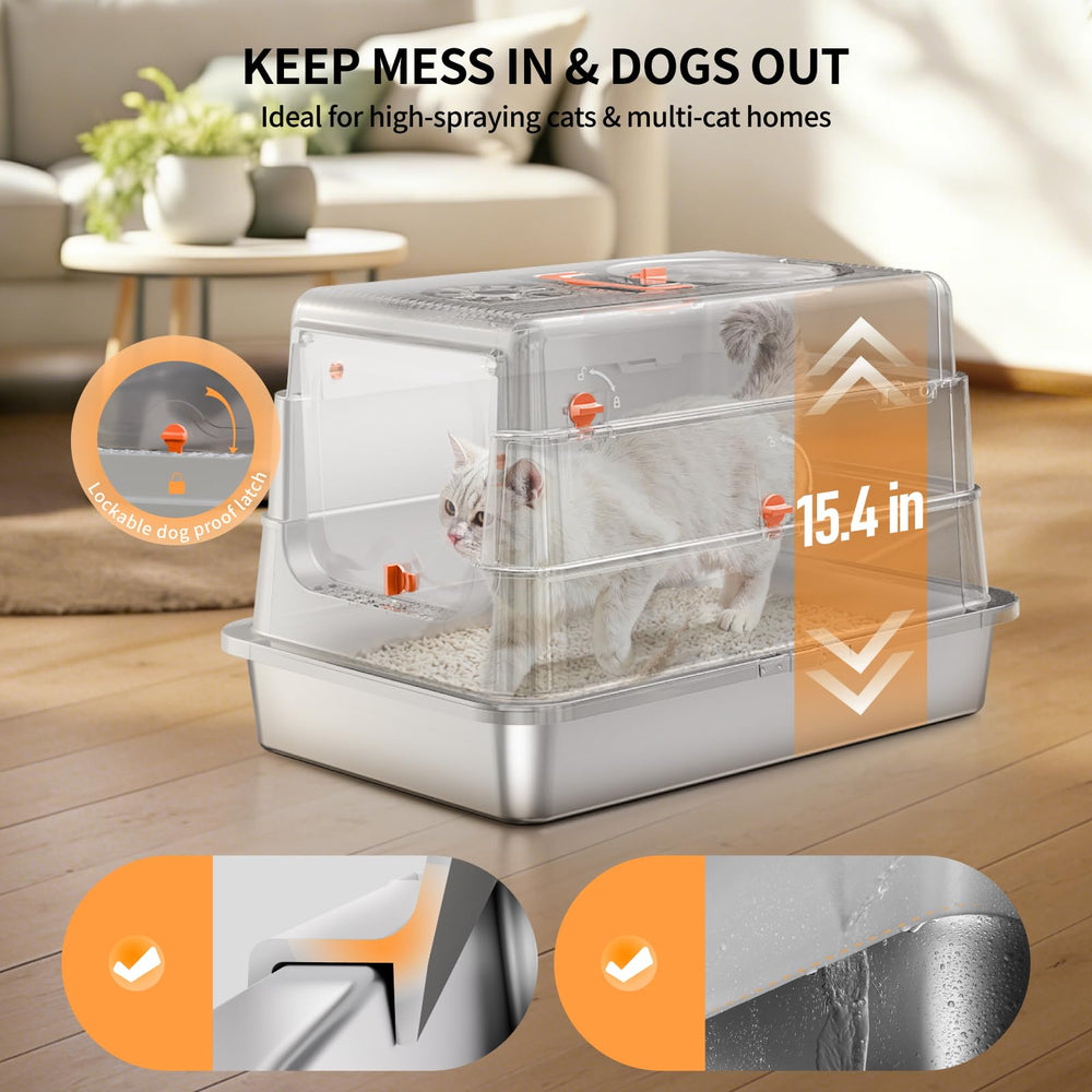 Fusblom stainless steel cat litter box high sides splash protection