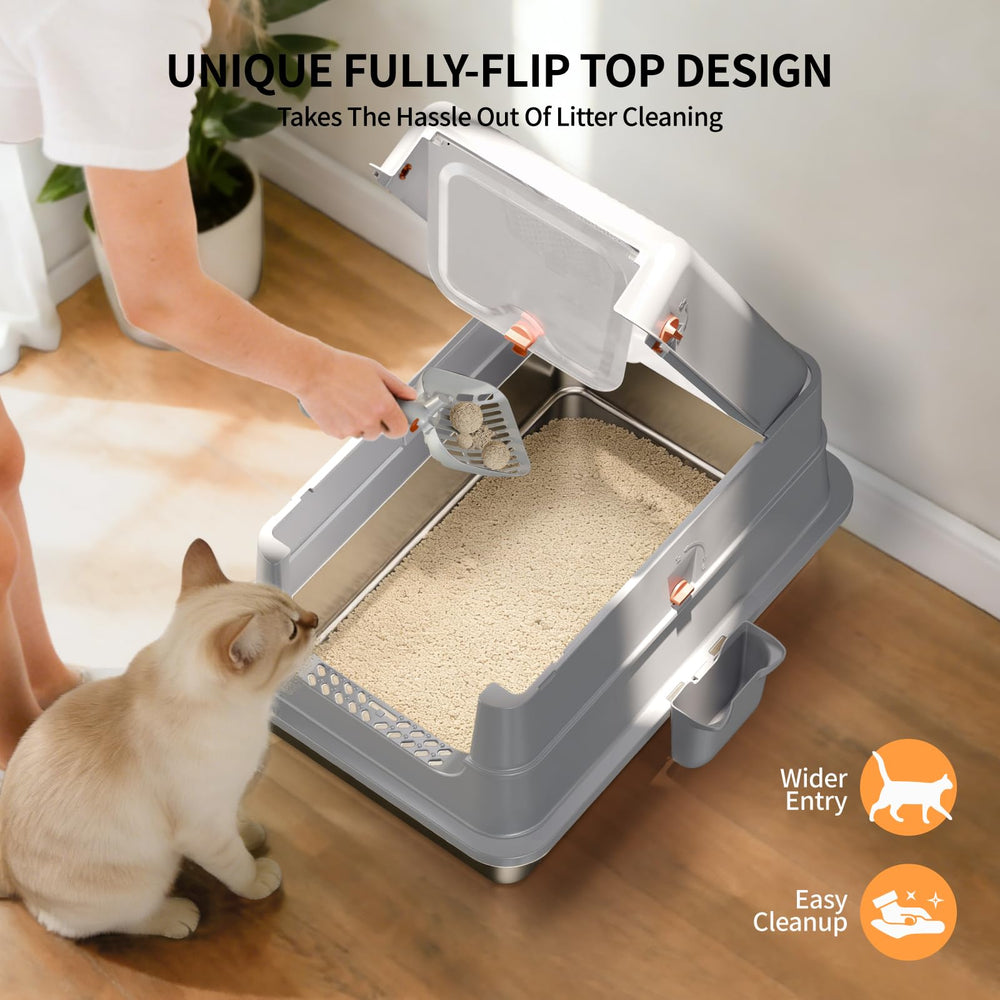 Fusblom stainless steel cat litter box lid open for easy cleaning access