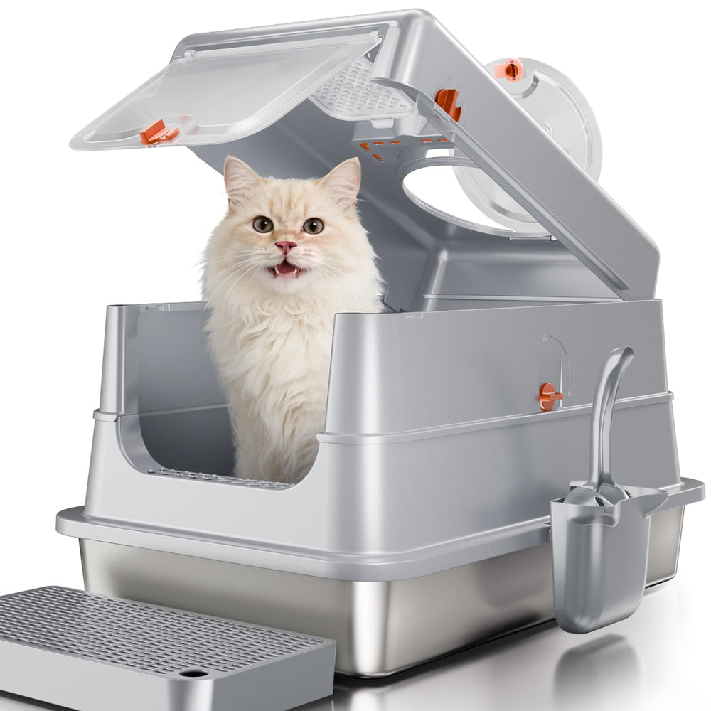 Fusblom stainless steel cat litter box lid top view shows high sides for reduced scatter