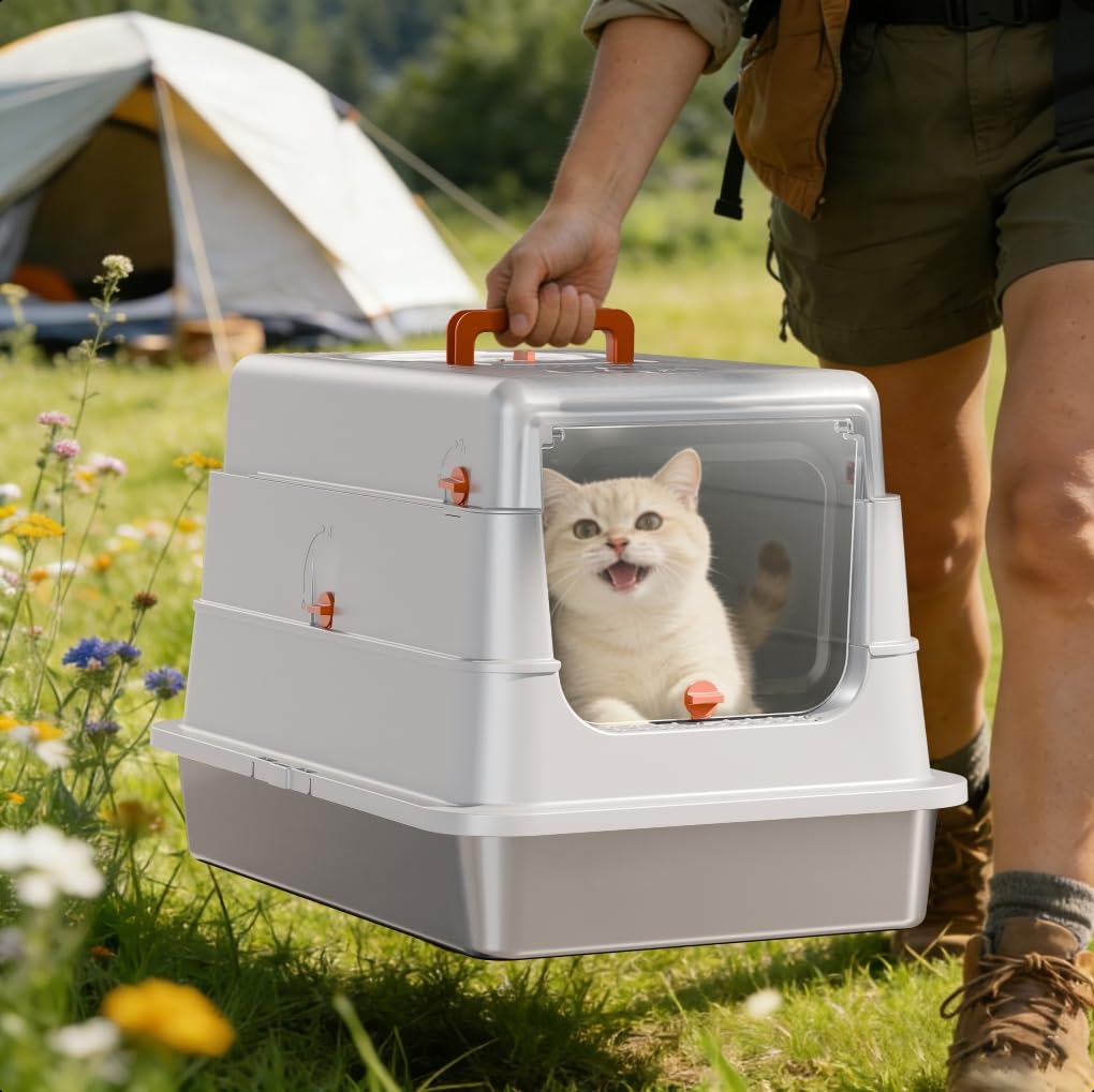Fusblom stainless steel cat litter box portable handle for travel and storage